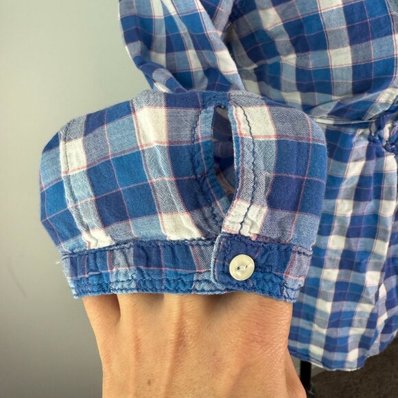 Abercrombie Fitch Y2K Vintage Plaid Ruffle Neck Tie Back 100% Cotton Blouse - Picture 10 of 11